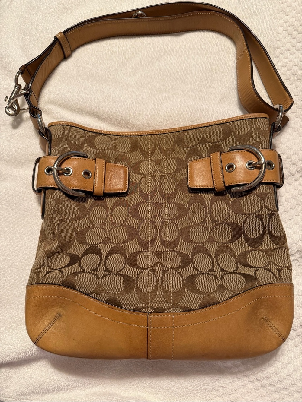 Coach Brown Signature Canvas Shoulder Bag with Tan Leather Trim